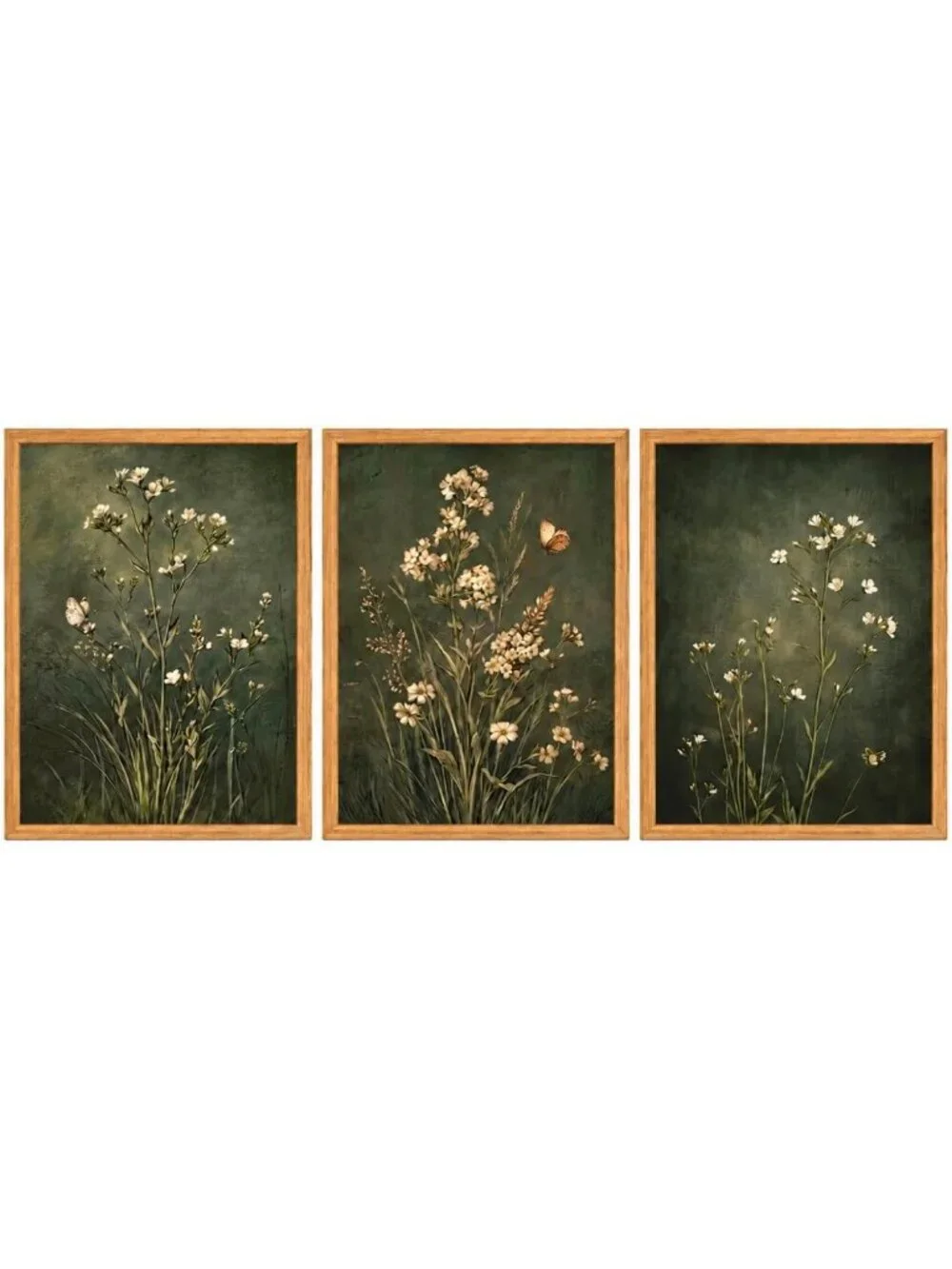 Vintage Floral Botanical Canvas Wall Art Set - 3 Framed Prints, Dark Green 16x12